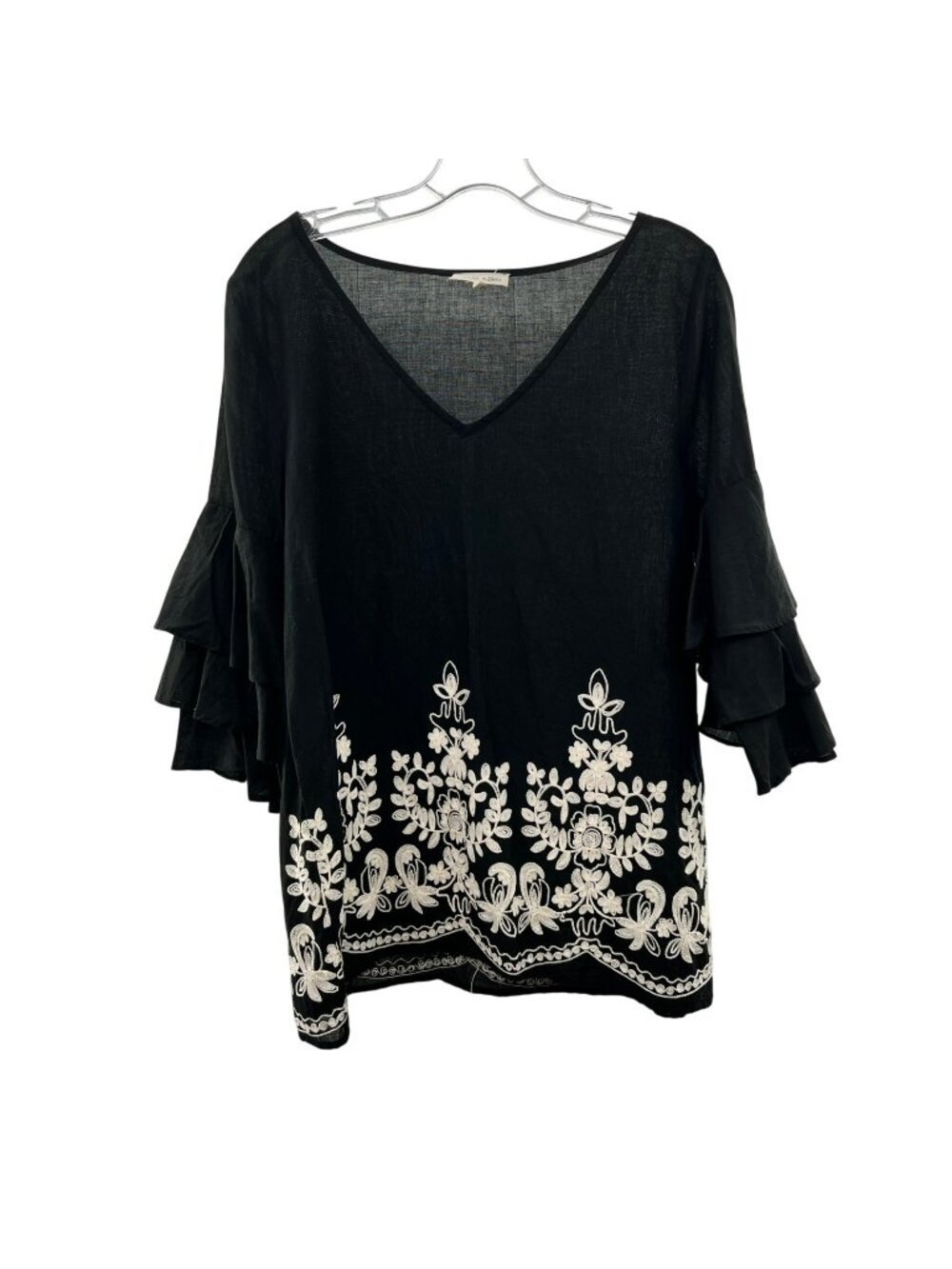 Cotton Bleu Women's Embroidered Top 3/4 Ruffle Sleeve Black/White Size Small